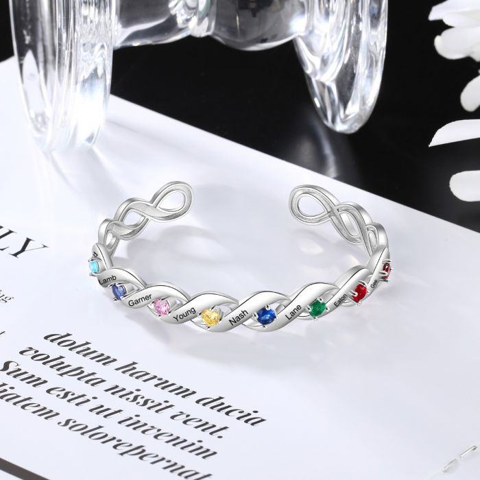 Customised Bracelet For Her | Personalised Birthstone Bangle With Engraved Names | Bespoke Gift For Mum