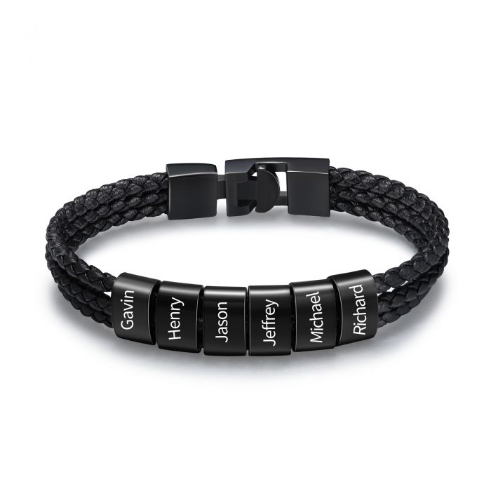 Personalised Leather Bracelet For Men With Up To 8 Names Engraved Charms