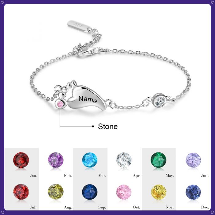 Personalised Sterling Silver Baby Foot Bracelet For Her| Customised Up To 3 Baby Foot Bracelet With Engraved Name And Birthstone