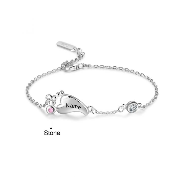 Personalised Sterling Silver Baby Foot Bracelet For Her| Customised Up To 3 Baby Foot Bracelet With Engraved Name And Birthstone