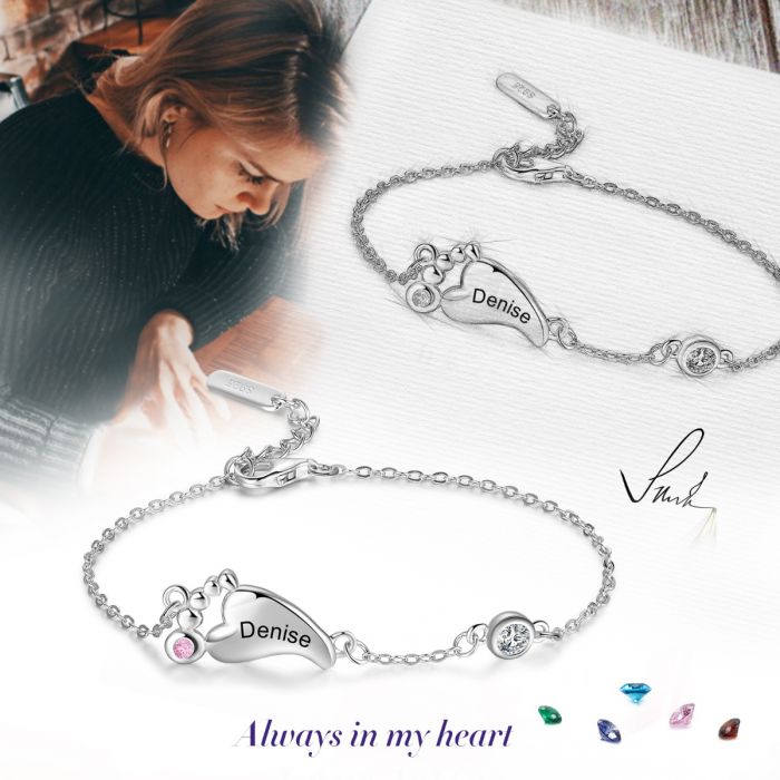 Personalised Sterling Silver Baby Foot Bracelet For Her| Customised Up To 3 Baby Foot Bracelet With Engraved Name And Birthstone