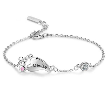 Personalised Sterling Silver Baby Foot Bracelet For Her| Customised Up To 3 Baby Foot Bracelet With Engraved Name And Birthstone