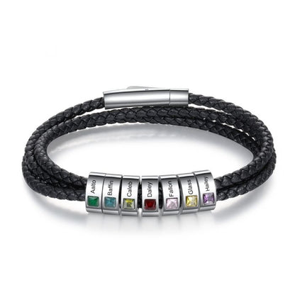 Bespoke Men's Leather Bracelet With Up To 8 Engraved Beads And Birthston