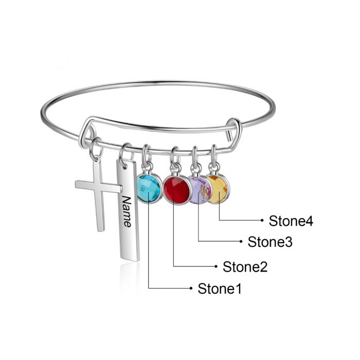 Personalised Cross Bracelet For Her With Birthstones And Engraved Nameplate | Customised BRacelet For Her