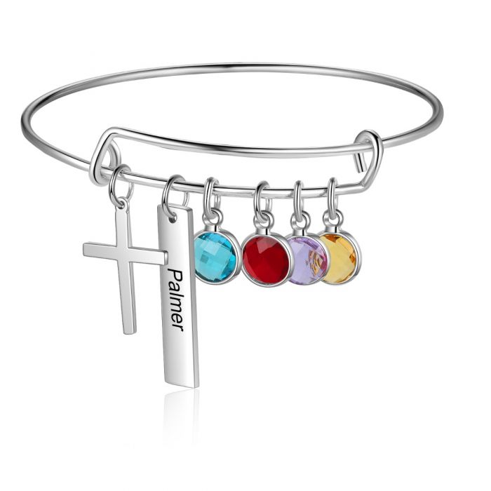 Personalised Cross Bracelet For Her With Birthstones And Engraved Nameplate | Customised BRacelet For Her