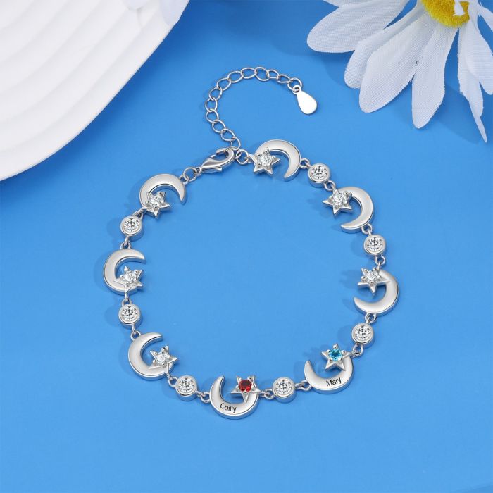 Personalised Moon Stars Bracelet For Women With Up To 6 Names Engrav Alep Jewellery