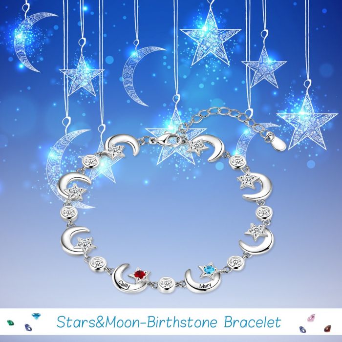 Personalised Moon & Stars Bracelet For Women With Up To 6 Names Engraved And Birthstones | Bespoke Bracelet For Mum