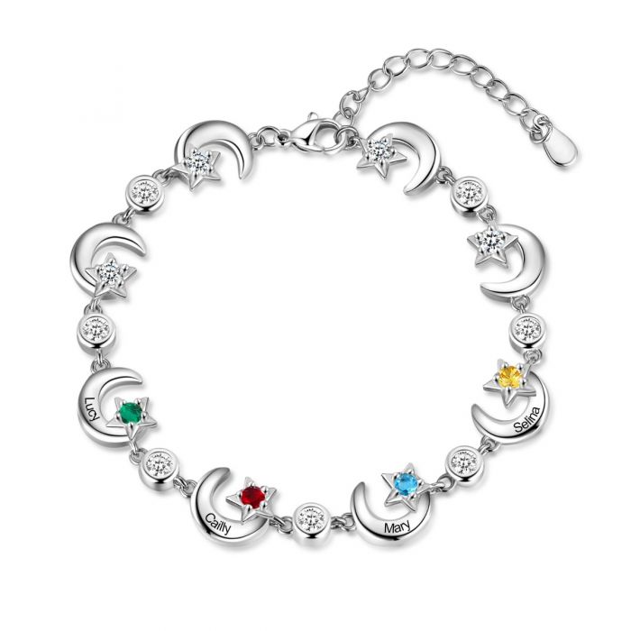 Personalised Moon & Stars Bracelet For Women With Up To 6 Names Engraved And Birthstones | Bespoke Bracelet For Mum