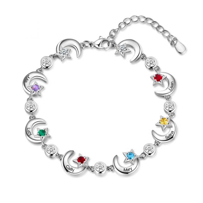 Personalised Moon & Stars Bracelet For Women With Up To 6 Names Engraved And Birthstones | Bespoke Bracelet For Mum