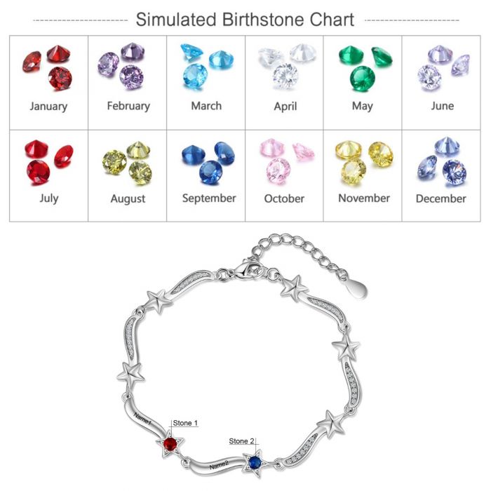 Personalised Stars Bracelet With Up To 7 Names Engraved And Birthstones | Customised Bracelet For Her