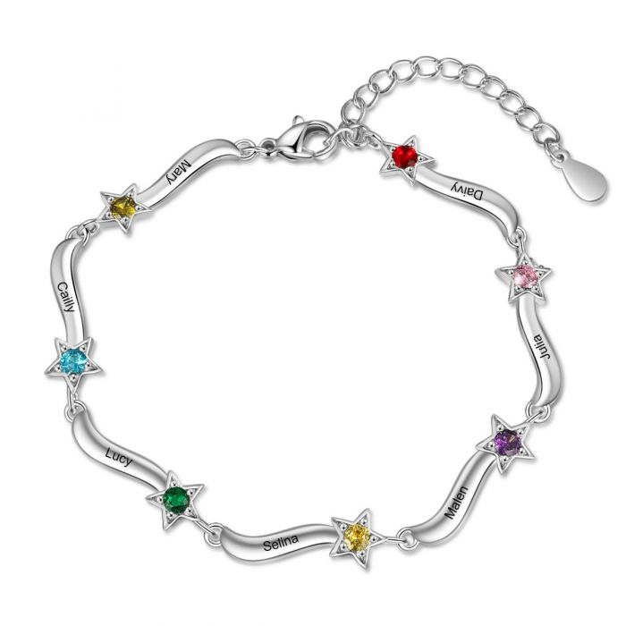 Personalised Stars Bracelet With Up To 7 Names Engraved And Birthstones | Customised Bracelet For Her