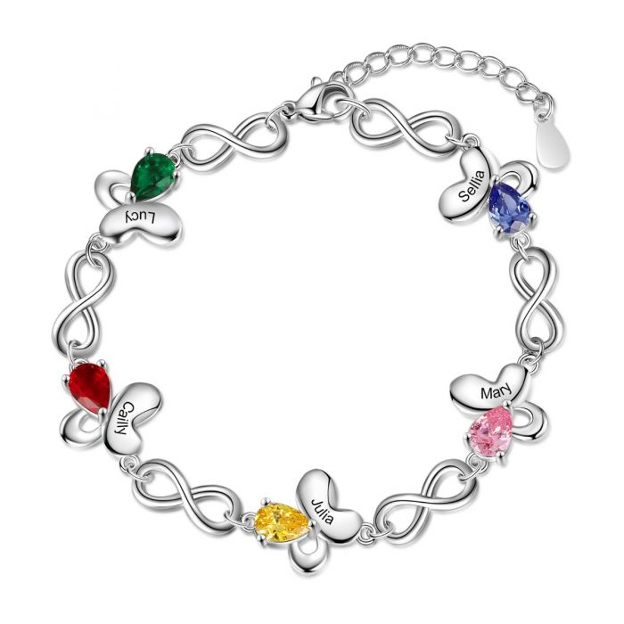 Personalised Infinity Butterfly Bracelet With Up To 6 Names Engraved And Birthstones | Bespoke Bracelet For Her