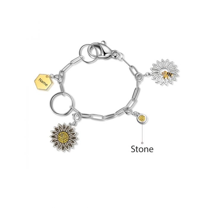 Personalised Sunflower And Bee Charm Bracelet With Name Engraved And Birthstone | Personalised Gift For Her
