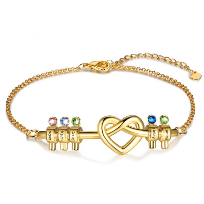 Personalised Bracelet For Her | Customised Heart knot Bracelet With Up To 7 Birthstones And Names Engraved