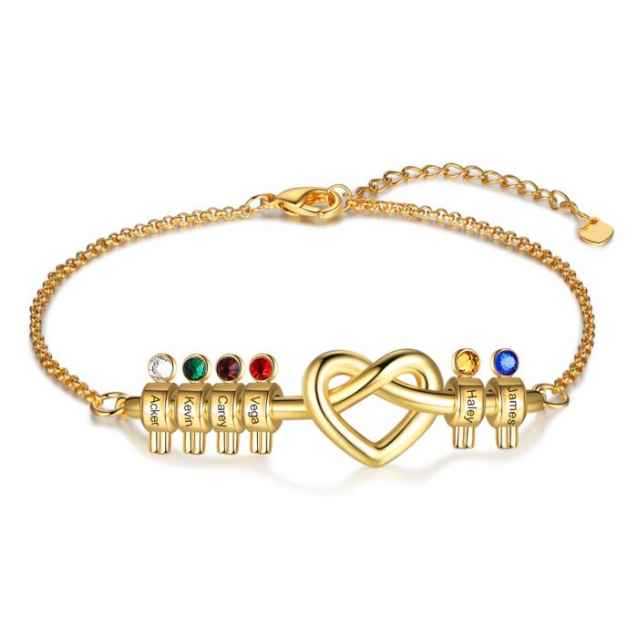 Personalised Bracelet For Her | Customised Heart knot Bracelet With Up To 7 Birthstones And Names Engraved