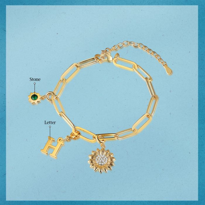 Personalised Sunflower Bracelet With Letter And Birthstone | Customised Bracelet For Her