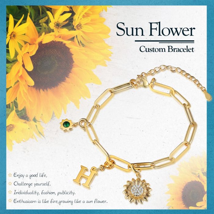 Personalised Sunflower Bracelet With Letter And Birthstone | Customised Bracelet For Her