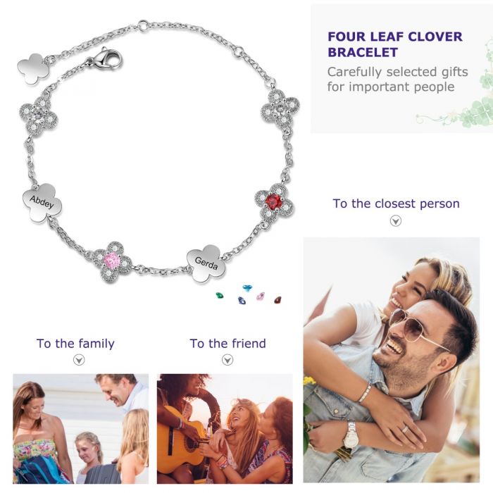 Personalised Bracelet For Her | Customised Flowers Bracelet With Up to 5 Birthstones And Names Engraved