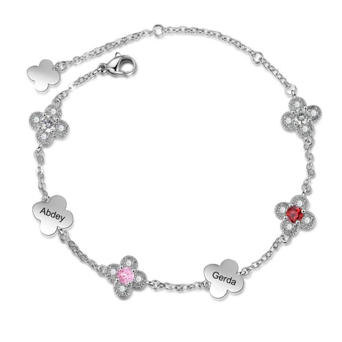 Personalised Bracelet For Her | Customised Flowers Bracelet With Up to 5 Birthstones And Names Engraved