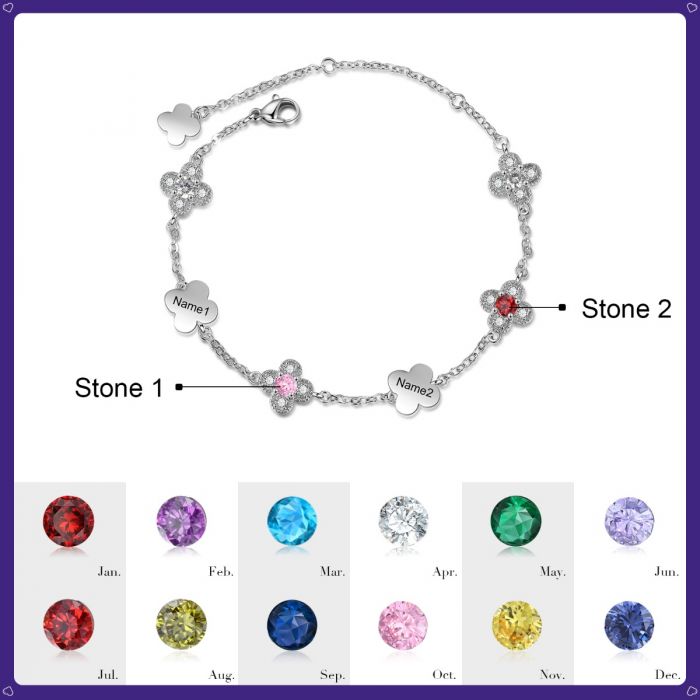 Personalised Bracelet For Her | Customised Flowers Bracelet With Up to 5 Birthstones And Names Engraved