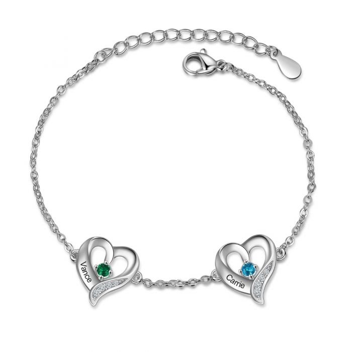 Personalised Bracelet For Mum | Customised Engraved Names Up To 5 Hearts Bracelet With Birthstones