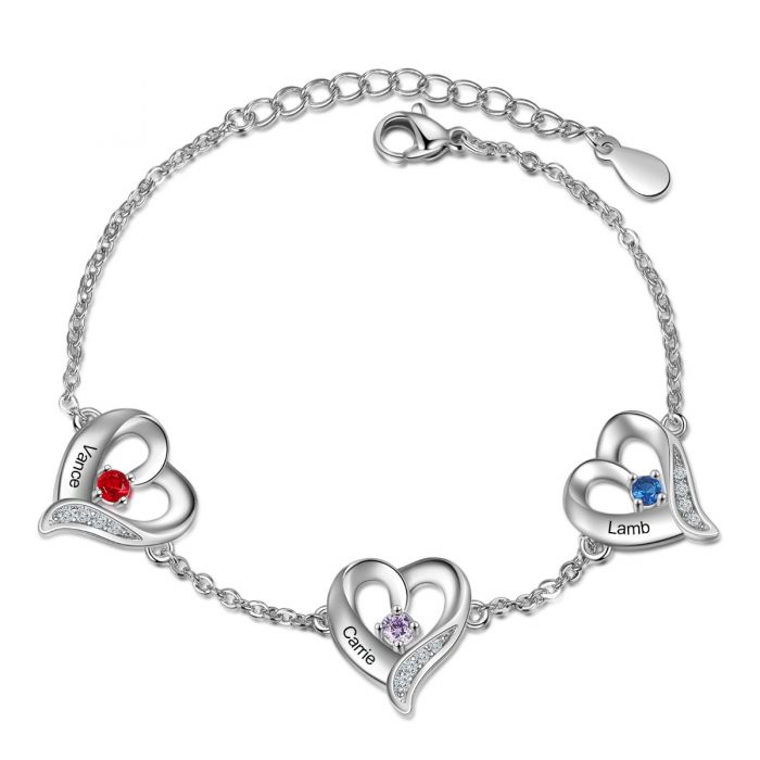 Personalised Bracelet For Mum | Customised Engraved Names Up To 5 Hearts Bracelet With Birthstones