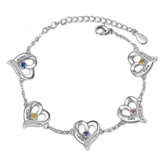Personalised Bracelet For Mum | Customised Engraved Names Up To 5 Hearts Bracelet With Birthstones