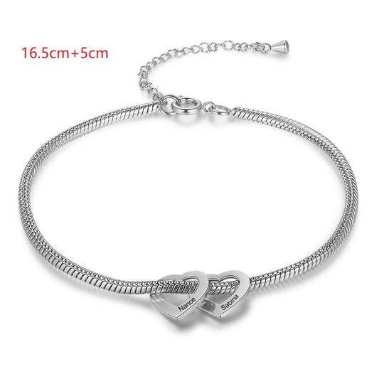 Personalised Engraved Heart-Shape Rings Bracelet | Bespoke Engraved 2 Names Bracelet For Women