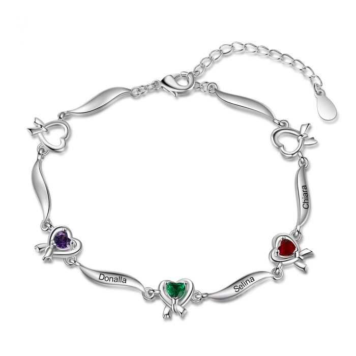 Personalised Hearts Bracelet For Her | Bespoke Engraved Birthstone Bracelet With Up To 6 Names Engraved