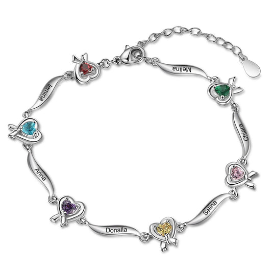 Personalised Hearts Bracelet For Her | Bespoke Engraved Birthstone Bracelet With Up To 6 Names Engraved