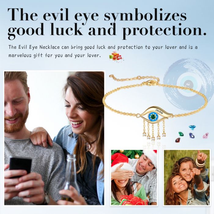 Personalised Evil Eye Bracelet With Engraved Name And Birthstone | Customised Yellow Gold Plated Evil Eye Bracelet