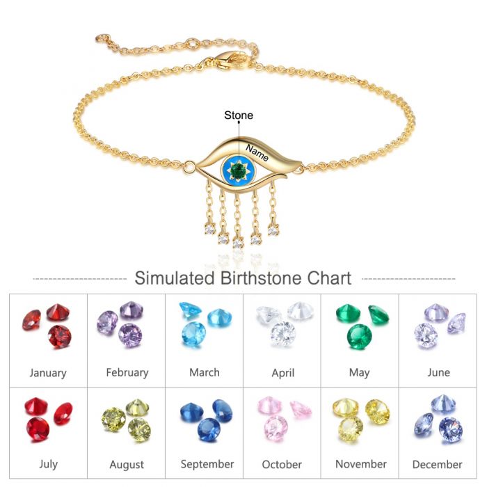 Personalised Evil Eye Bracelet With Engraved Name And Birthstone | Customised Yellow Gold Plated Evil Eye Bracelet
