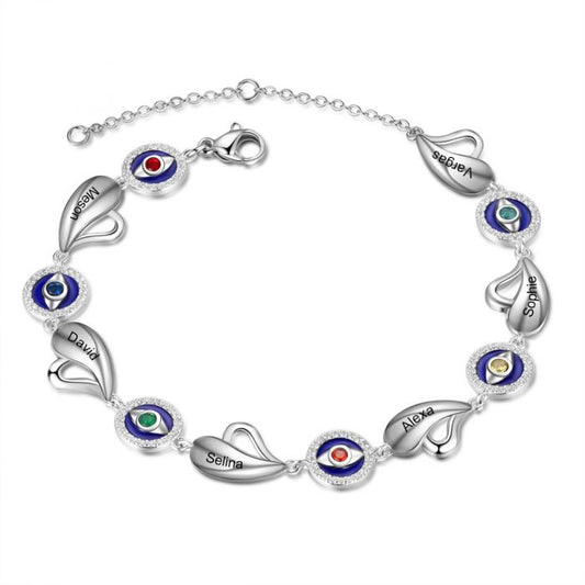 Customised Evil Eye Hearts Bracelet With Engraved Names And Birthstones | Personalised Bracelet For Her