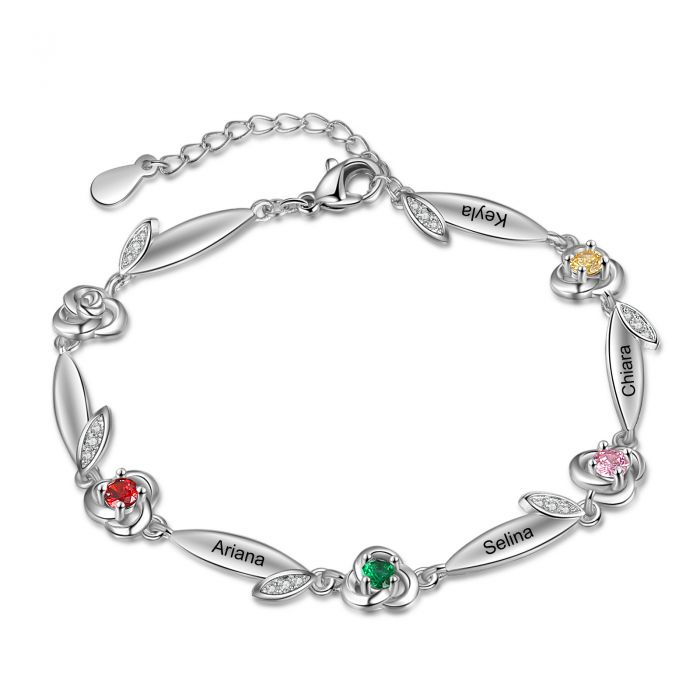 Customised Rose Bracelet For Her With Up To 6 Names Engraved And Birthstones | Bespoke Birthstone Bracelet For Her