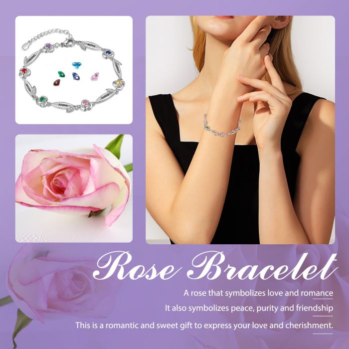 Customised Rose Bracelet For Her With Up To 6 Names Engraved And Birthstones | Bespoke Birthstone Bracelet For Her