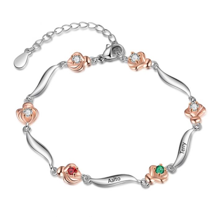 Customised Bracelet For Her | Bespoke Rose Birthstone Bracelet For Women With Engraved Name