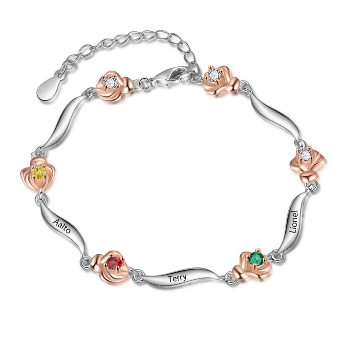 Customised Bracelet For Her | Bespoke Rose Birthstone Bracelet For Women With Engraved Name