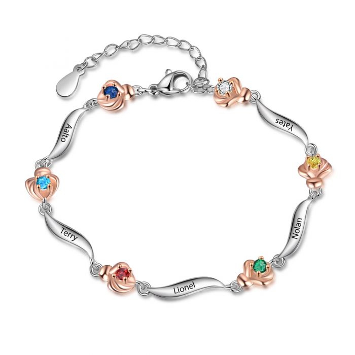 Customised Bracelet For Her | Bespoke Rose Birthstone Bracelet For Women With Engraved Name