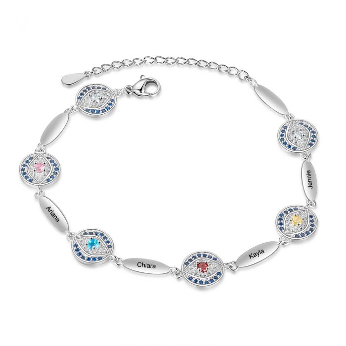 Bespoke Evil Eye Bracelet With Birthstones And Names Engraved | Customised Bracelet For Her