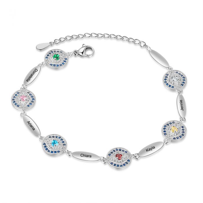 Bespoke Evil Eye Bracelet With Birthstones And Names Engraved | Customised Bracelet For Her