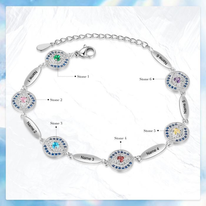 Bespoke Evil Eye Bracelet With Birthstones And Names Engraved | Customised Bracelet For Her