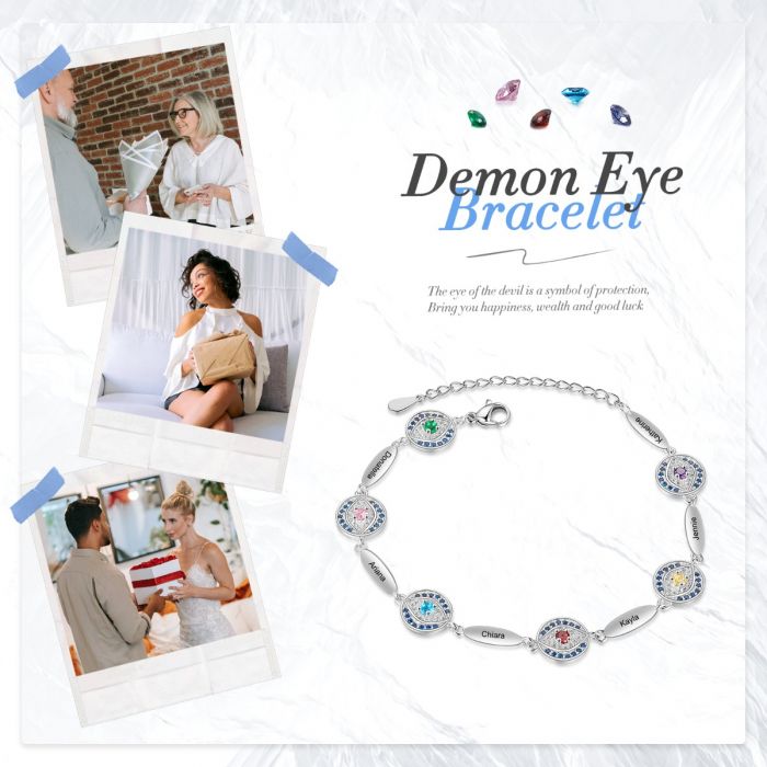 Bespoke Evil Eye Bracelet With Birthstones And Names Engraved | Customised Bracelet For Her