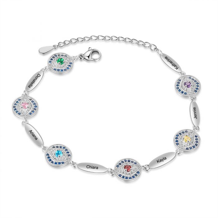 Bespoke Evil Eye Bracelet With Birthstones And Names Engraved | Customised Bracelet For Her