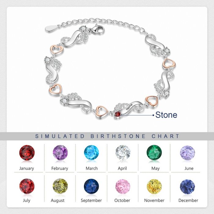 Personalised Feet Bracelet For Her With Names Engraved And Birthstones | Customised Bracelet For Mum