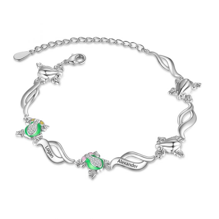 Customised Frog Bracelet With Engraved Names And Birthstones | Personalised Bracelet For Her