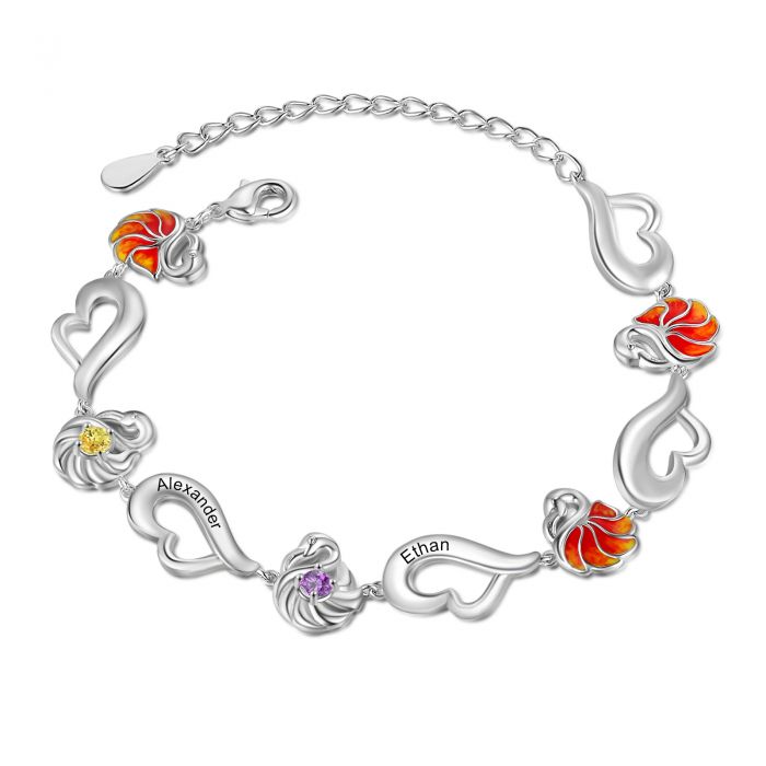 Customised Flamingo Bracelet With Birthstones And Names Engraved | Customised Bracelet For Her