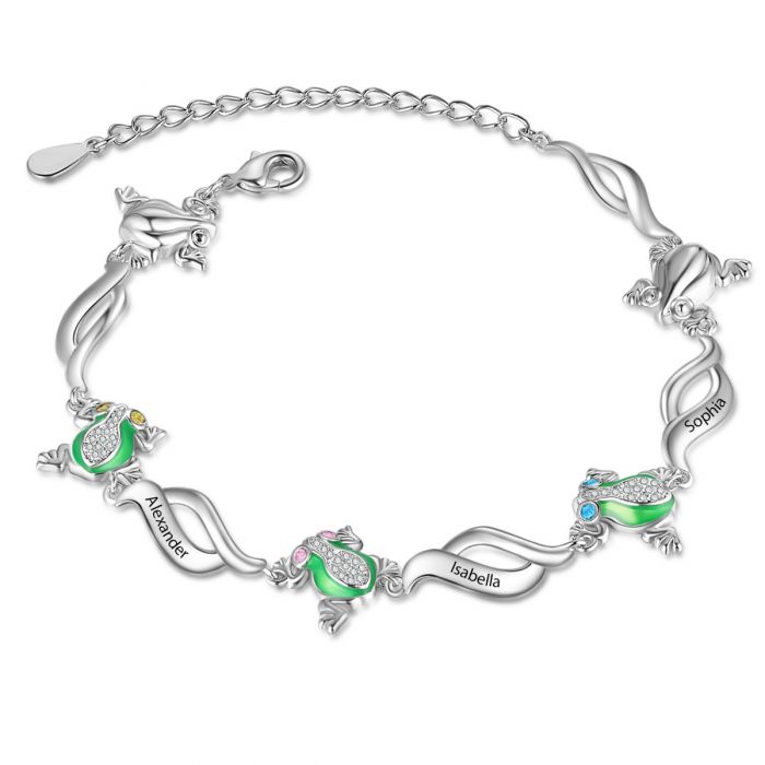 Customised Frog Bracelet With Engraved Names And Birthstones | Personalised Bracelet For Her