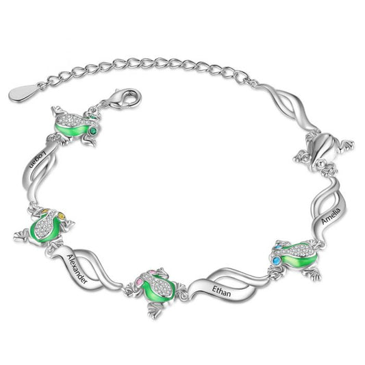 Customised Frog Bracelet With Engraved Names And Birthstones | Personalised Bracelet For Her
