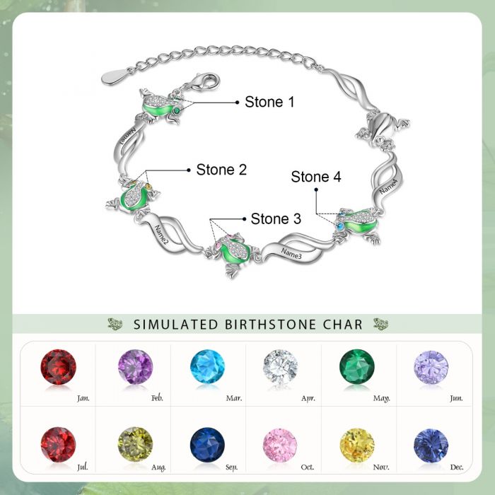 Customised Frog Bracelet With Engraved Names And Birthstones | Personalised Bracelet For Her