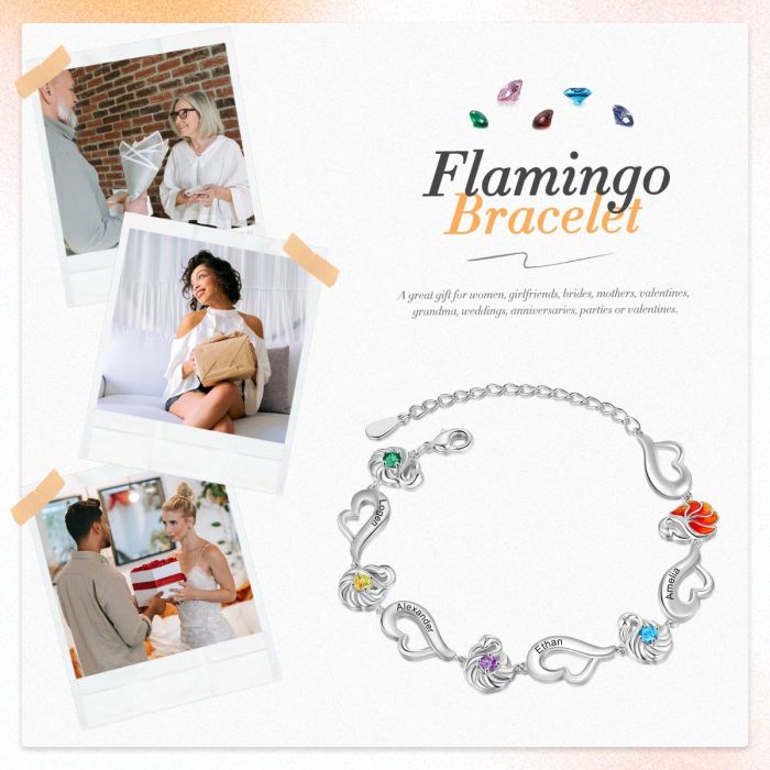 Customised Flamingo Bracelet With Birthstones And Names Engraved | Customised Bracelet For Her